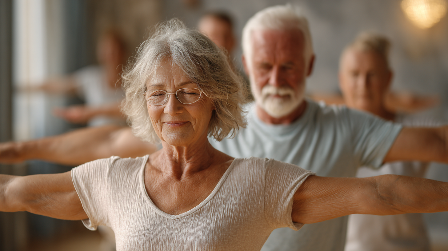 Instructor de yoga demonstrând exerciții creative pentru seniori